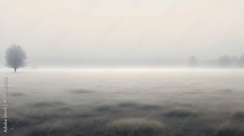 Obraz premium Misty morning landscape with fog covering grassy field and lone tree in the distance