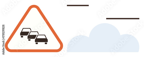 Warning sign of cars in traffic jam outlined in red alongside a pale cloud. Ideal for transportation, eco-awareness, safety, pollution, travel, urban planning, minimalism. Simple flat metaphor