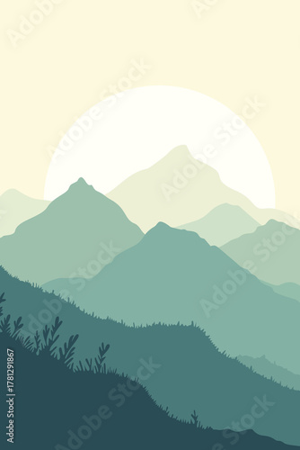 Minimalist mountain landscape with layered green hills and rising sun, representing calmness, nature, and serenity in modern flat art style for travel and relaxation themes.