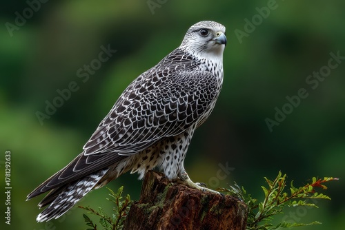 Majestic Black Gyrfalcon Resting on Weathered Tree Stump Surrounded by Lush Greenery