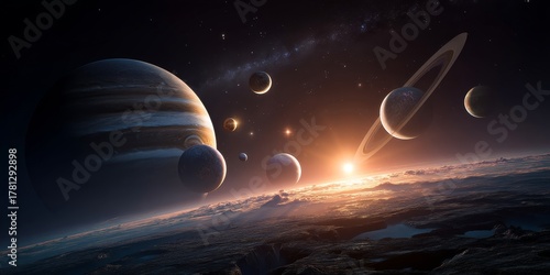 Celestial Symphony: A breathtaking cosmic panorama unfolds, revealing planets, moons, and rings bathed in the ethereal glow of distant stars and galaxies.