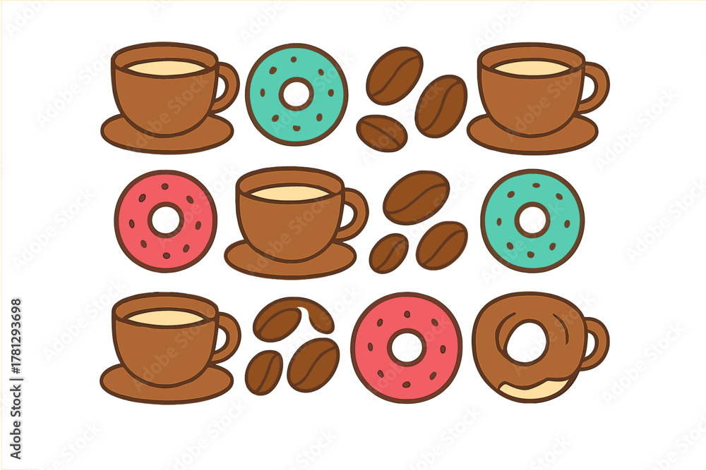 Obraz premium Stylized coffee cups donuts and roasted coffee beans arranged in a repeating pattern