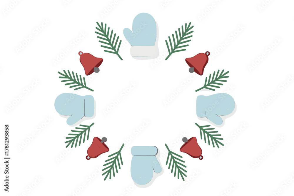 Fototapeta premium Festive winter holiday frame arrangement with blue mittens red bells and green pine branches on white background