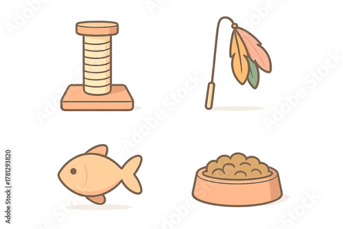 Essential accessories for domestic cats including scratching post, feather wand toy, food bowl, and fish treat