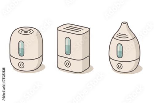 Set of three modern humidifiers and aroma diffusers for home air purification and wellness