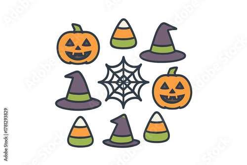 Classic Halloween holiday icons featuring jack-o-lanterns, witch hats, and sweet candy corn