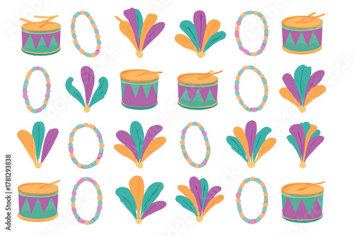 Colorful Mardi Gras celebration elements: drums, feathers, and beaded necklaces