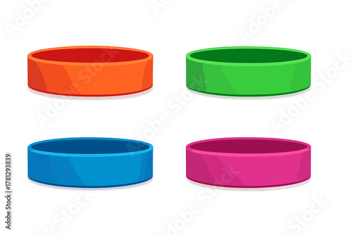Brightly colored silicone wristbands arranged in a square grid pattern on white