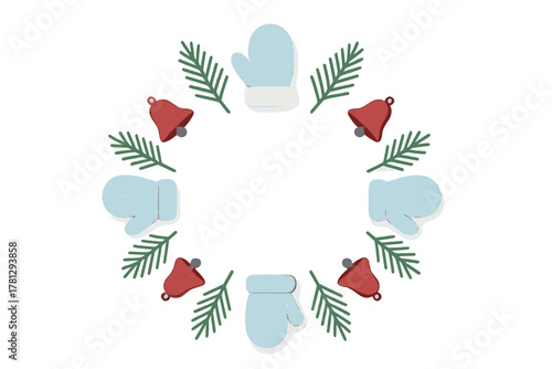 Festive winter holiday frame arrangement with blue mittens red bells and green pine branches on white background