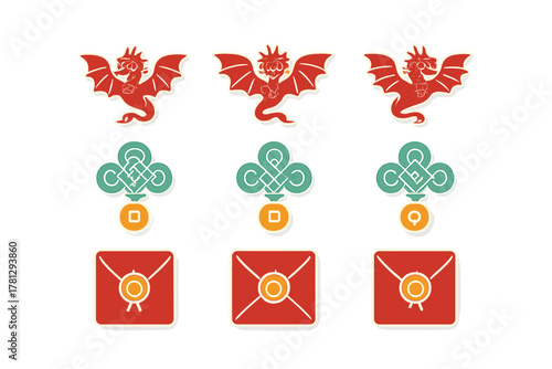 Traditional Chinese New Year symbols set with red dragons, endless knots, and lucky money envelopes