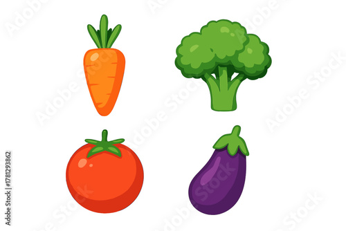Colorful set of fresh healthy vegetable icons including carrot broccoli tomato and eggplant