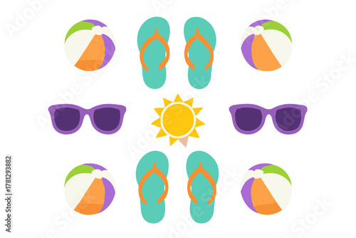 Symmetrical pattern of colorful summer vacation objects on white background