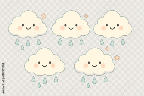 Smiling cartoon clouds raining light blue raindrops and tiny stars seamless design