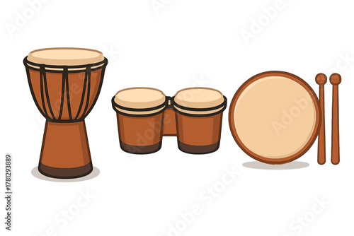 Set of traditional percussion instruments including djembe, bongo drums, and tambourine