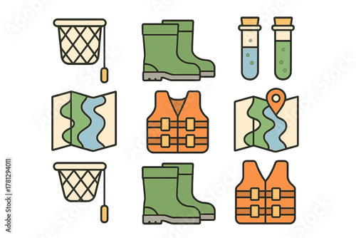 Flat design icons of essential equipment for nature exploration and environmental science