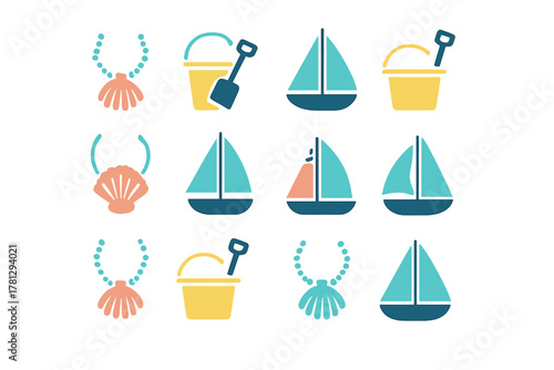 Colorful collection of summer vacation and beach holiday elements including sailboats sand buckets and seashell jewelry