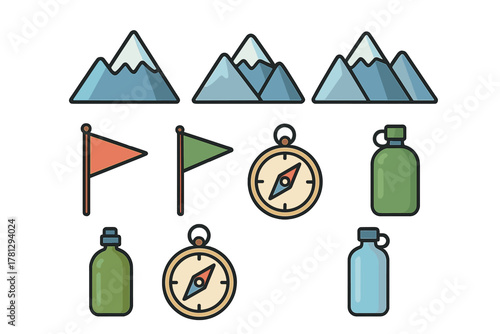 Essential gear and elements for outdoor adventure and hiking including mountains compasses and canteens