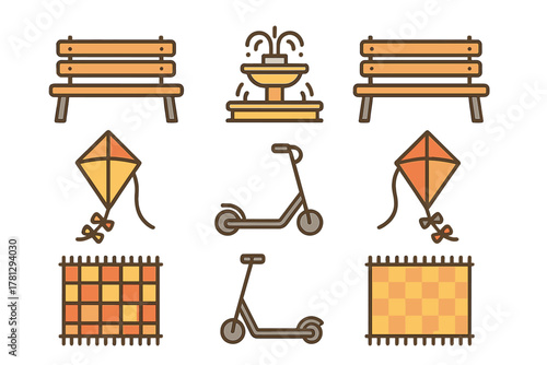 Flat design icons of park leisure activities including benches, fountain, kites, scooters, and picnic mats