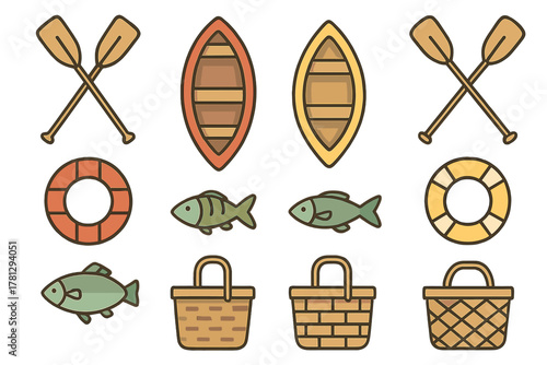 Outdoor recreation icons set featuring canoes, paddles, life rings, fish, and picnic baskets