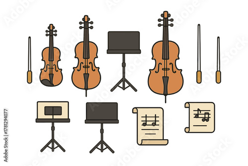 Assortment of string instruments, music stands, sheet music scrolls, and conductor batons