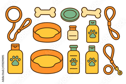 Essential items for dog ownership including grooming products and walking gear