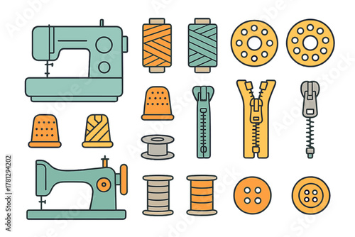 Essential set of sewing and tailoring equipment including machines and supplies