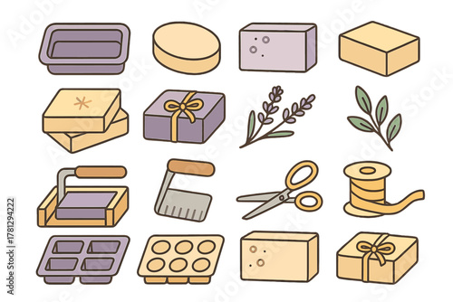 Handmade soap making supplies set with molds, cutters, finished bars, lavender, and ribbon