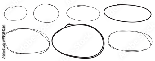 Hand drawn oval scribble circle frames and borders set, rough sketch highlight loops, isolated on transparent background Vector Collection