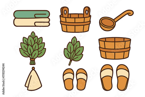 Traditional sauna and banya accessories collection with wooden tubs, ladle, birch venik, and slippers