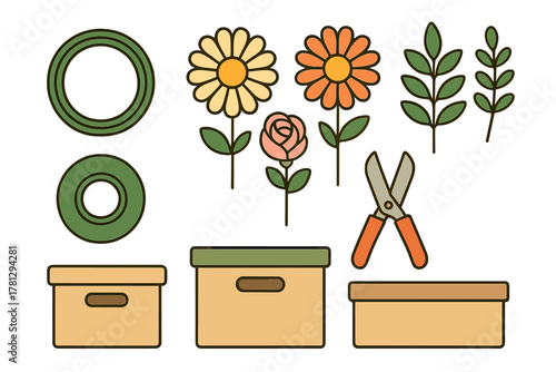 Collection of gardening tools, flowers, plants, and storage boxes in flat design