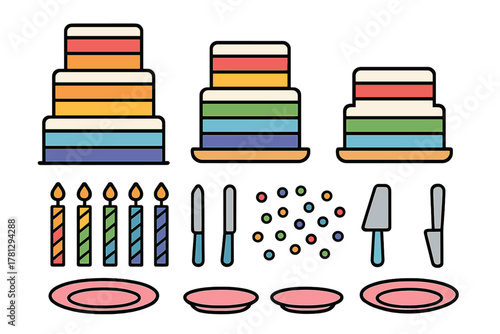 Colorful collection of tiered birthday cakes, lit candles, plates, knives, and confetti