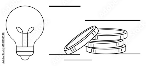 Lightbulb symbolizing new ideas beside stacked coins indicating financial success. Ideal for innovation, entrepreneurship, investment, creativity, business growth, financial planning, simple flat