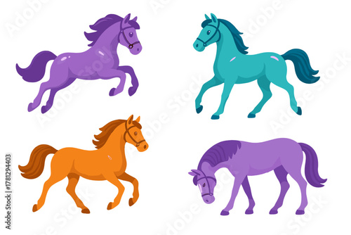 Four colorful cartoon horses running, trotting, and standing on white background