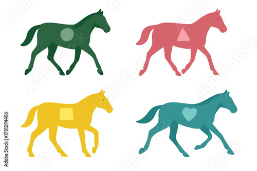 Four brightly colored horses walking with geometric symbols on their flanks