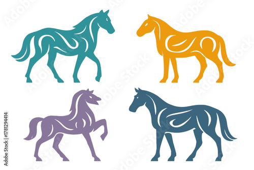 Set of four stylized horses in dynamic poses featuring vibrant abstract colors