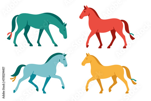 Set of four colorful stylized horses walking and trotting in various poses