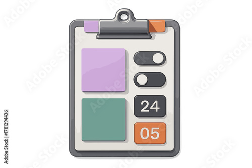 Minimalist clipboard checklist with user interface toggles and numerical date indicators