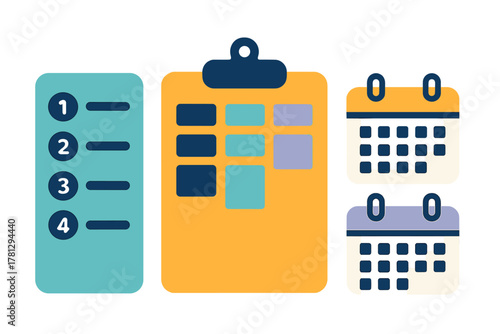 Planning and scheduling symbols showing a numbered list, clipboard checklist, and calendar