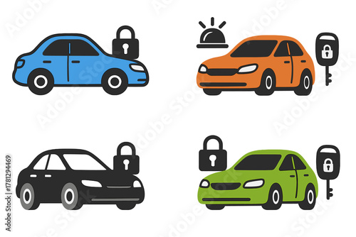 Colorful passenger cars with security locks, alarm systems, and remote key access icons