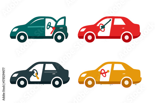 Collection of four stylized passenger cars in various colors with keys inserted into the ignition