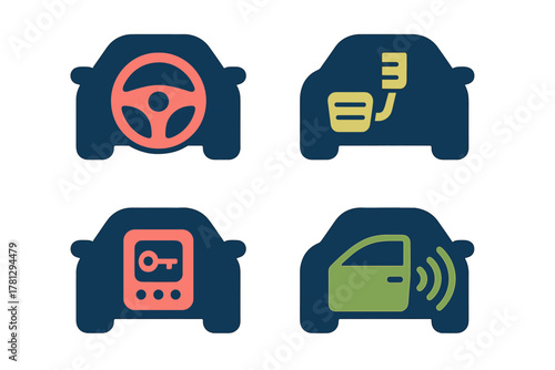 Modern automotive technology symbols including steering, EV charging, remote key access, and door security