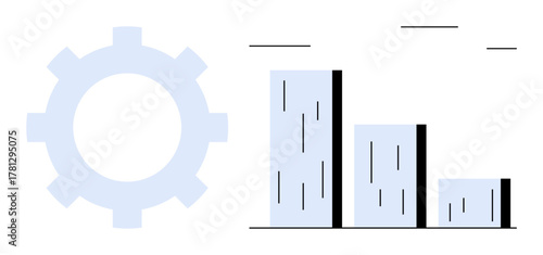Gear icon beside descending bar chart emphasizing reduction trends. Ideal for performance assessment, process decline, economic studies, management, analytics, workflow, simple flat metaphor