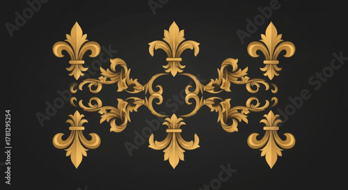 Golden ornate floral emblem with elegant swirls and intricate details on a dark background
