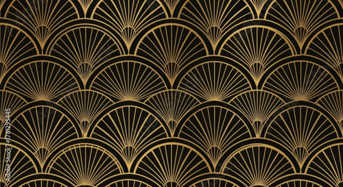 Art Deco Geometric Seamless Pattern - A Luxurious Black and Gold Fan Motif