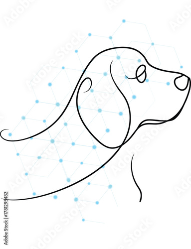 Stylized dog head with connected network node background representing artificial intelligence and advanced technologies in animal companionship and veterinary innovation research for pet care
