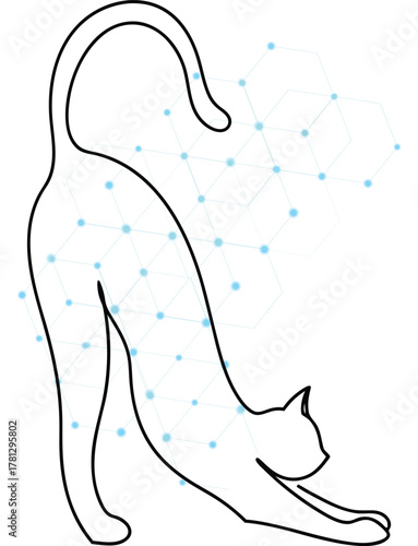 Stretching cat silhouette with geometric network illustration for modern art prints and contemporary design offering a sleek stylized image of feline flexibility