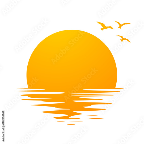 Orange Sunset Or Sundown Icon With Birds