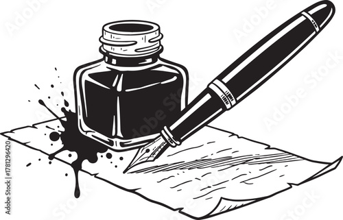 Scribe's Tools: Vintage Fountain Pen and Inkwell Sketch on Parchment