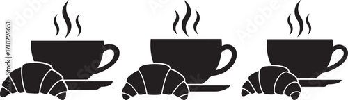 Three steaming coffee cups with croissants in a minimalist black silhouette style
