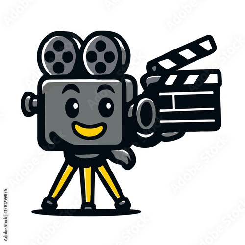 Cute Movie Camera Character Holding Clapperboard color vector